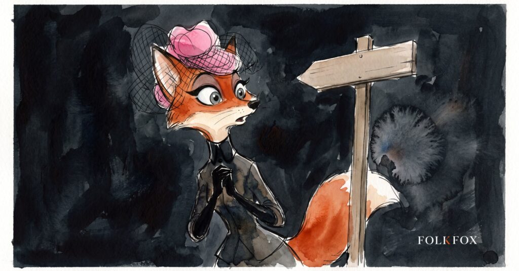 A startled fox in a birch thicket stops before a signpost where one board hangs brighter than the rest, an image for google ai mode ads