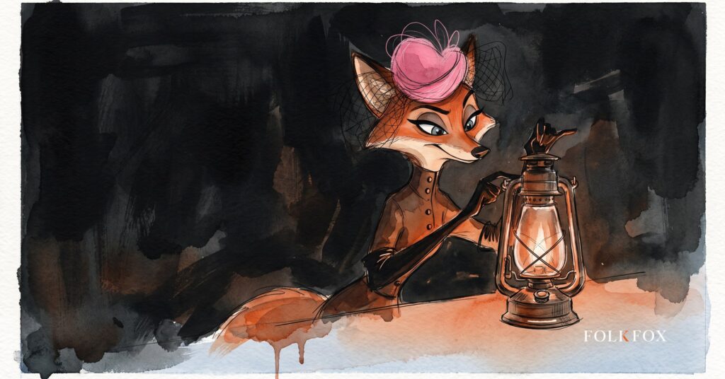 An ink-drawn fox in a folkfox forest beside a lantern, illustrating AI performance insights.