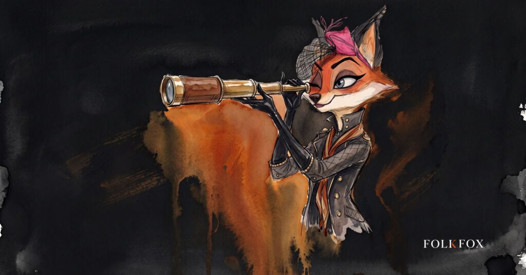 An ink-drawn fox in a folkfox forest beside a telescope, illustrating google play games level up.