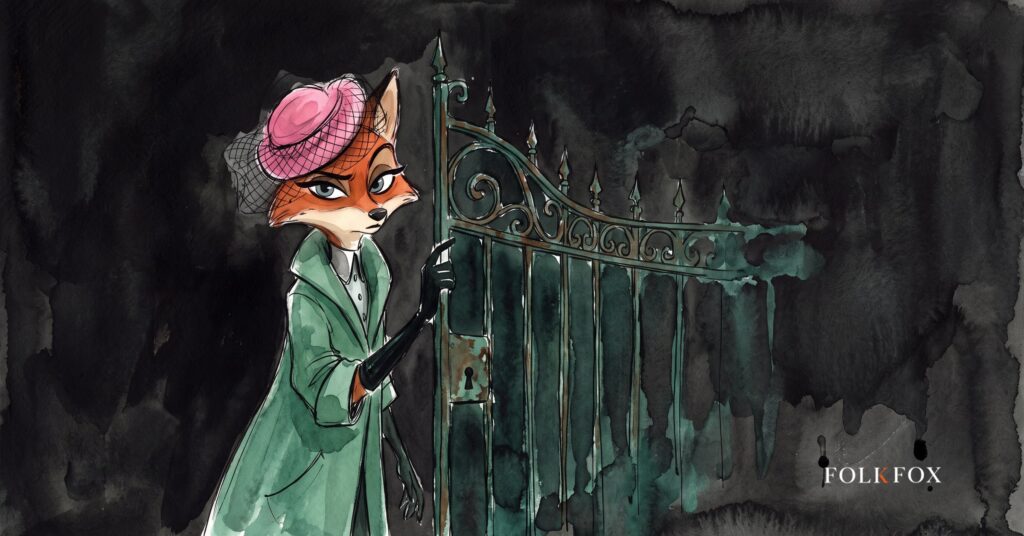 A fox holds a garden gate shut, guarding the den behind it, standing for healthcare data privacy for trans patients.