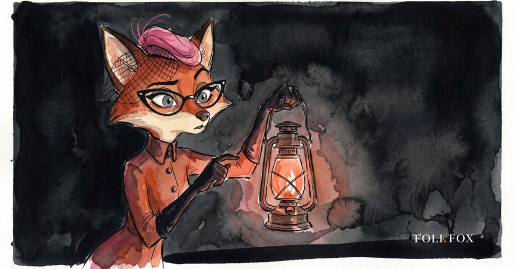 A wary fox weighing a blank medical device against a blank brass seal