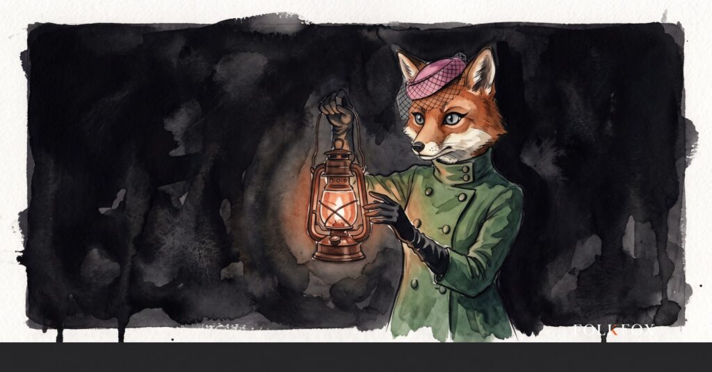 A wary fox weighing a healthcare marketing FDA pilot record against a blank brass seal