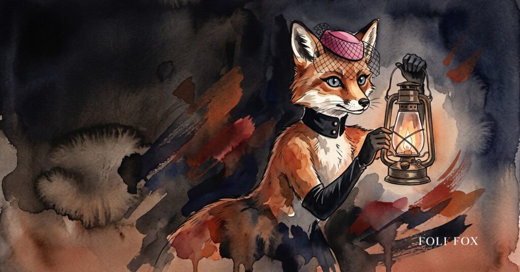 holiday advertising and the long lead time: an ink-drawn fox raising a lantern at the head of a long moonlit trail