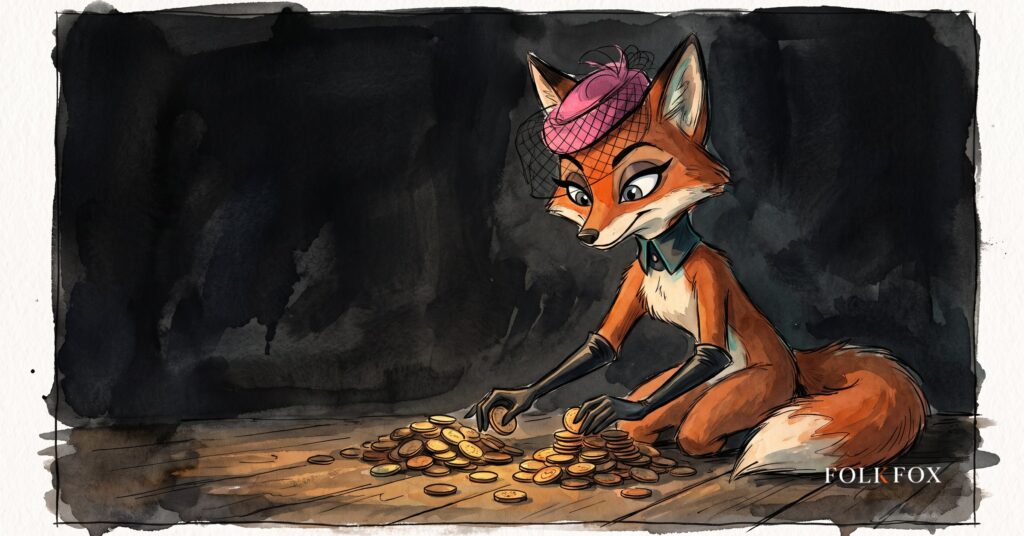 an ink-drawn fox nudging two piles of coins into a single taller pile, igaming seo agency work after the Lottomatica Cirsa merger