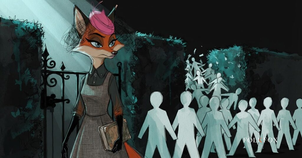 Watercolour fox at a hedge gate watching unmarked figures slip through, a picture of illegal gambling ads and licensed operators