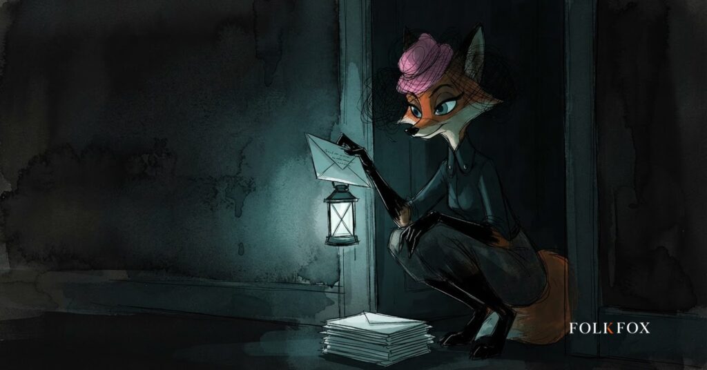 An ink-and-watercolour fox reading a hidden message in a letter by lantern light, a picture of indirect prompt injection arriving through a lead form