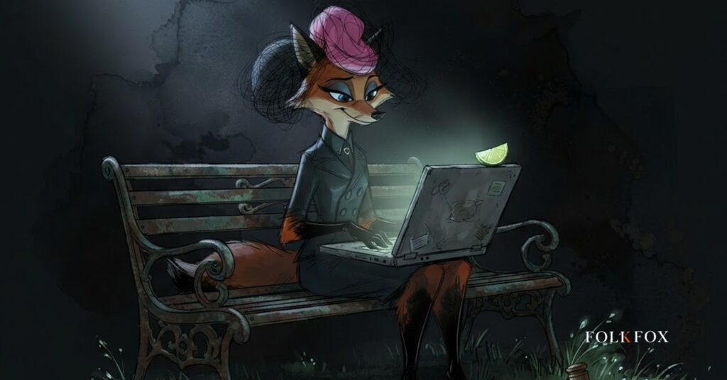 Watercolour fox on a moonlit bench with an old laptop and a lime slice, a quiet picture of the LimeWire lawsuit and its brand afterlife