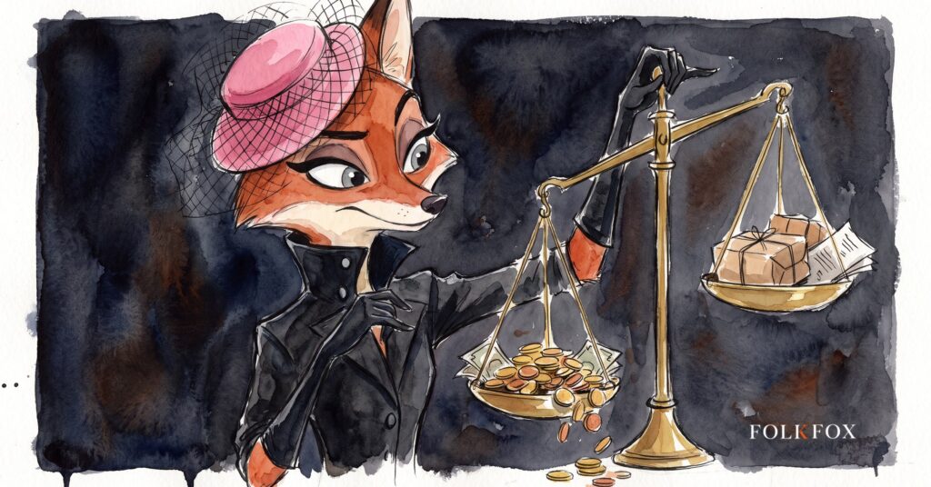 llm advertising and a rotating advertiser mix: an ink-drawn fox watching brass scales tip as one pan fills with coins