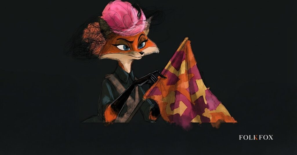 An ink-drawn fox in a folkfox forest beside a flag, illustrating marketing capabilities.