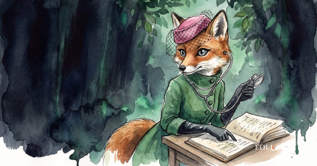 An ink-drawn fox standing beside a clinical chart, reviewing shifts in paediatric medicaid funding