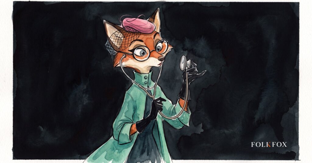 An ink-drawn fox in a folkfox forest beside a stethoscope, illustrating medical device marketing agency.