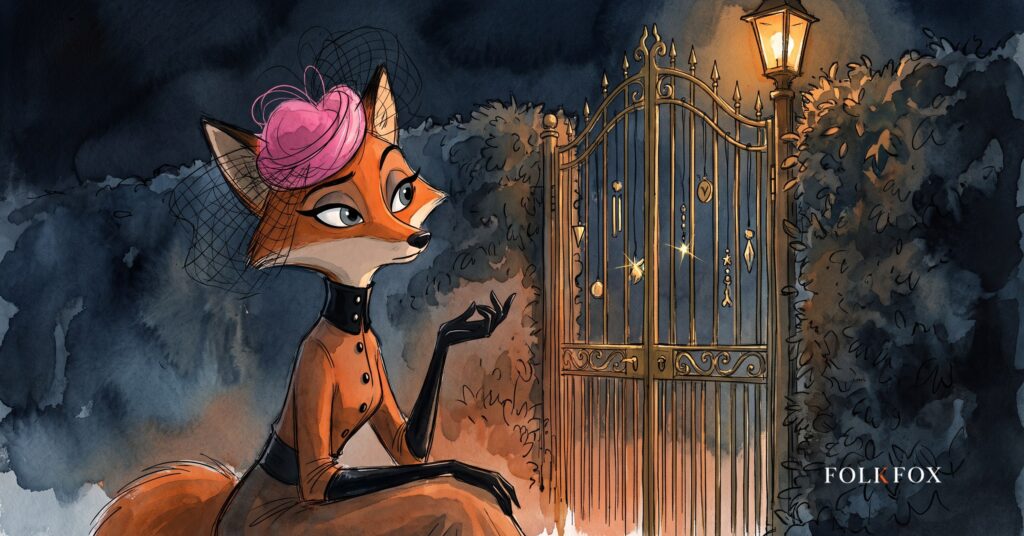 An ink-drawn fox pausing before a brass approval gate, an image for meta muse and the controls a business should demand