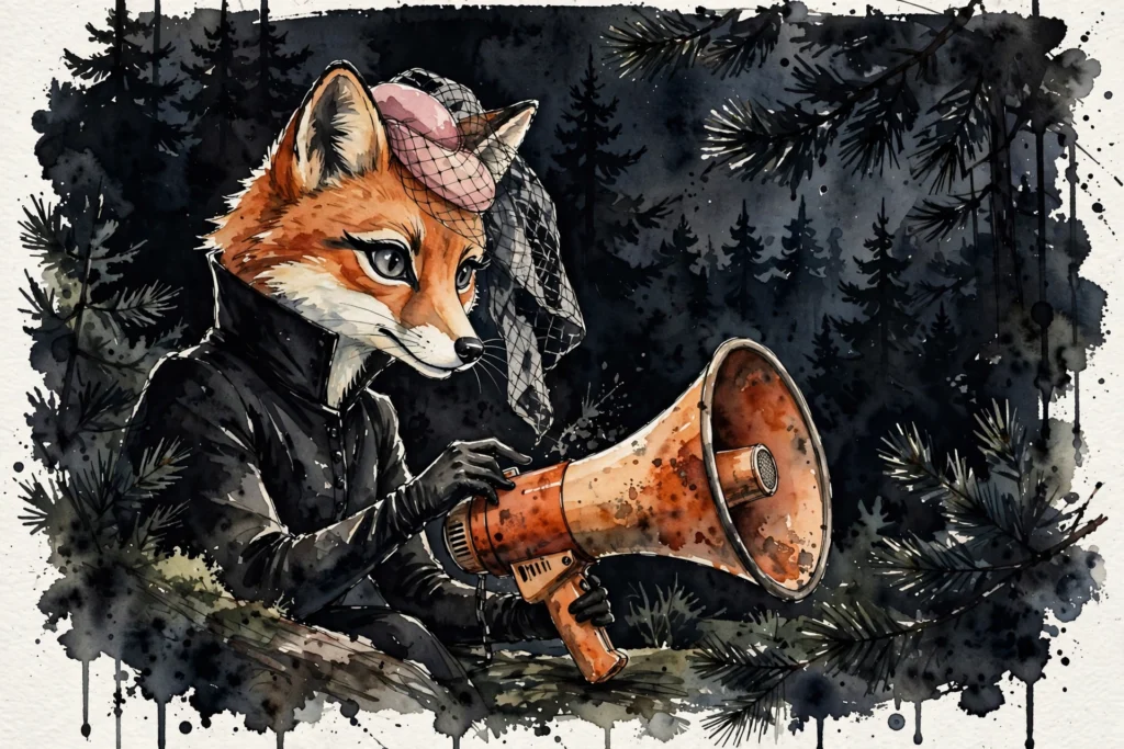 An ink-drawn fox in a folkfox forest, illustrating meta objectives.