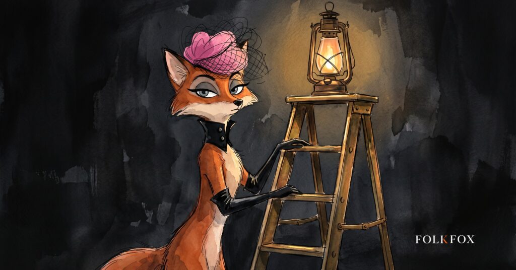 An ink-drawn fox eyes a four-rung brass ladder, one rung for each Meta One subscription tier