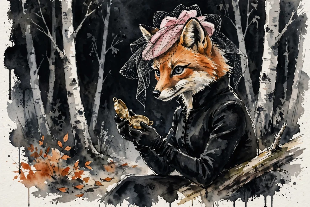 An ink-drawn fox in a folkfox forest, illustrating prose meta ads.