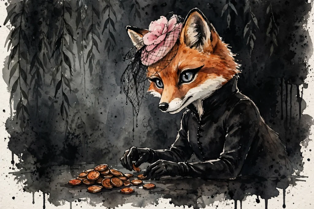An ink-drawn fox in a folkfox forest, illustrating meta prospecting.