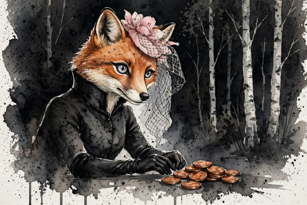 An ink-drawn fox in a folkfox forest, illustrating meta revenue 2025.