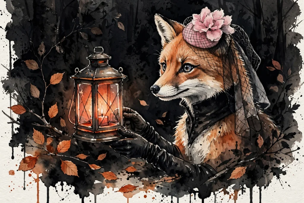 An ink-drawn fox in a folkfox forest, illustrating meta standard events.