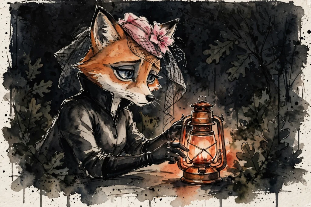 An ink-drawn fox in a folkfox forest, illustrating meta text overlay.