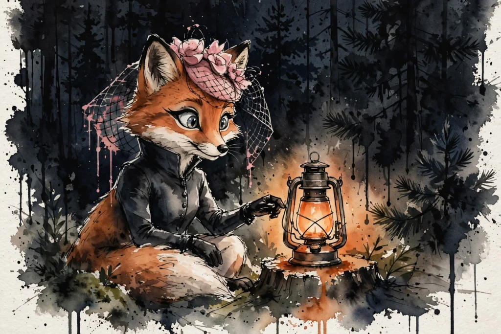 An ink-drawn fox in a folkfox forest, illustrating meta video hooks.