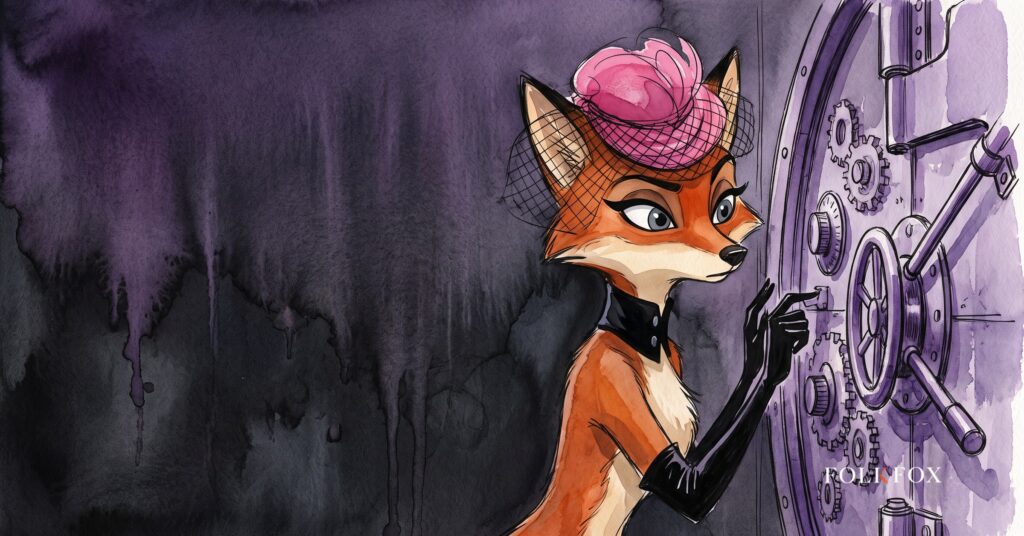 A watercolour fox waiting before a vault door left ajar, holding a folded certificate, an image for a MiCA licence as the key to EU crypto advertising