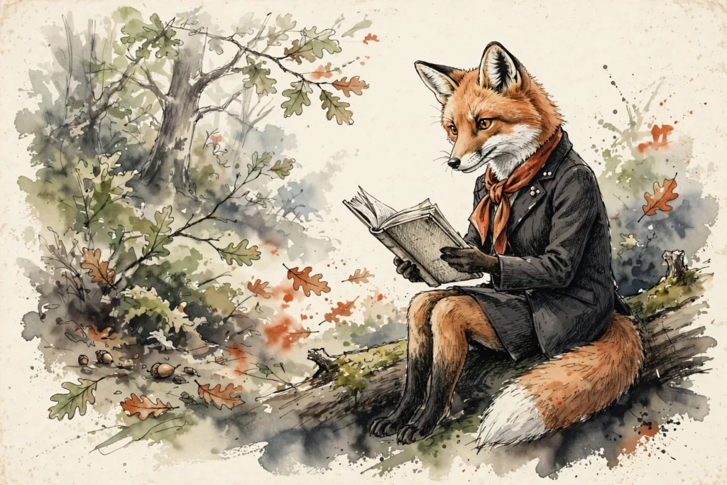 An ink-drawn fox in a folkfox forest, illustrating ad extensions microsoft ads.