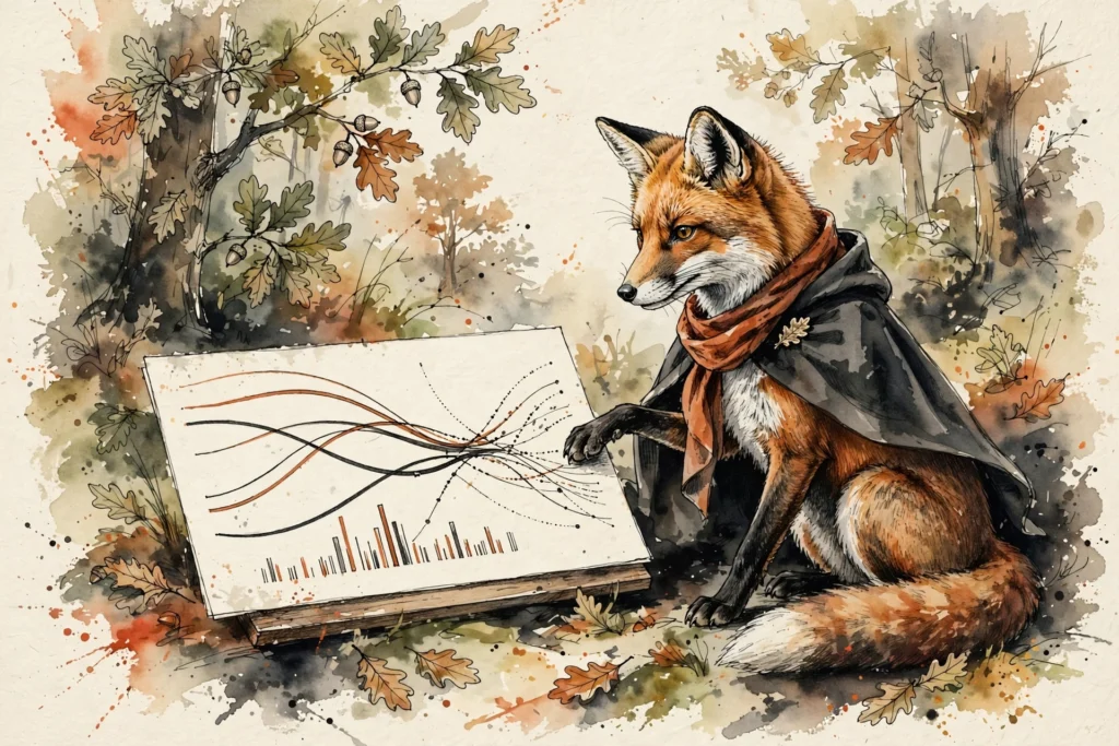 An ink-drawn fox in a folkfox forest, illustrating microsoft ads attribution models.