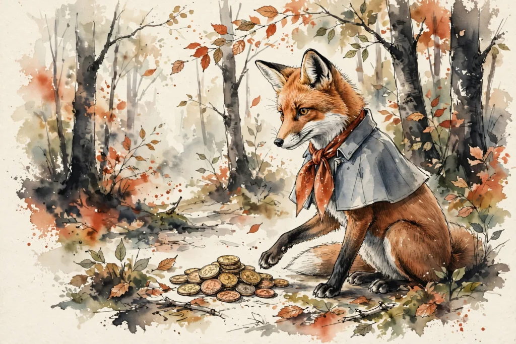 An ink-drawn fox in a folkfox forest, illustrating microsoft ads bidding strategies.