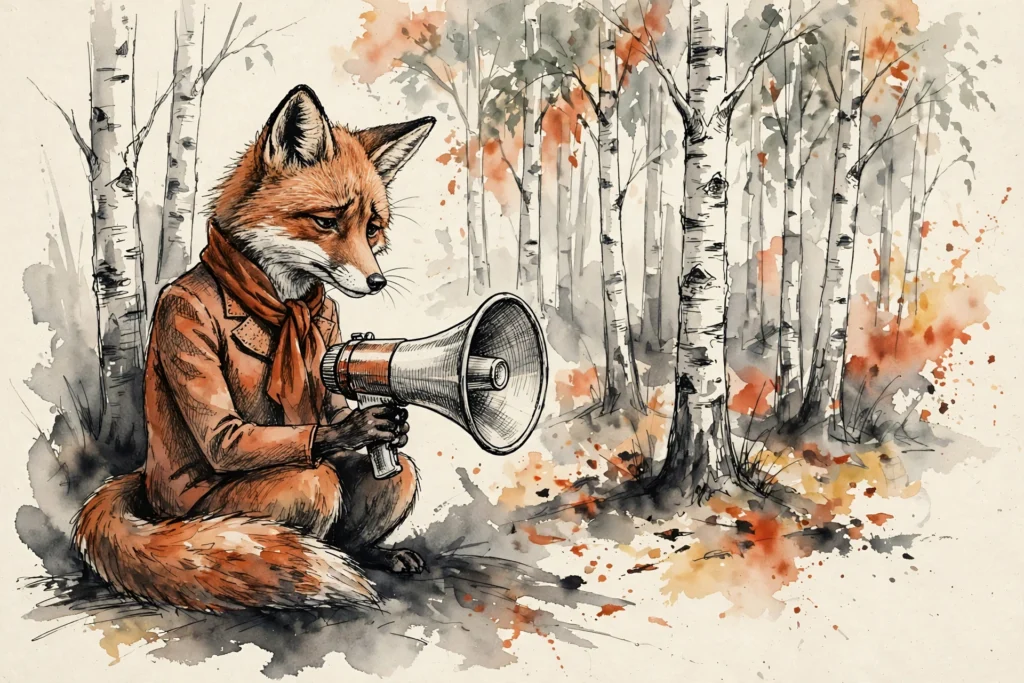 An ink-drawn fox in a folkfox forest, illustrating microsoft ads billing guide.