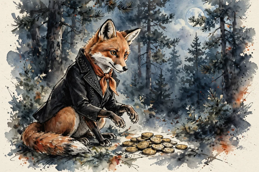 An ink-drawn fox in a folkfox forest, illustrating microsoft ads budget pacing.