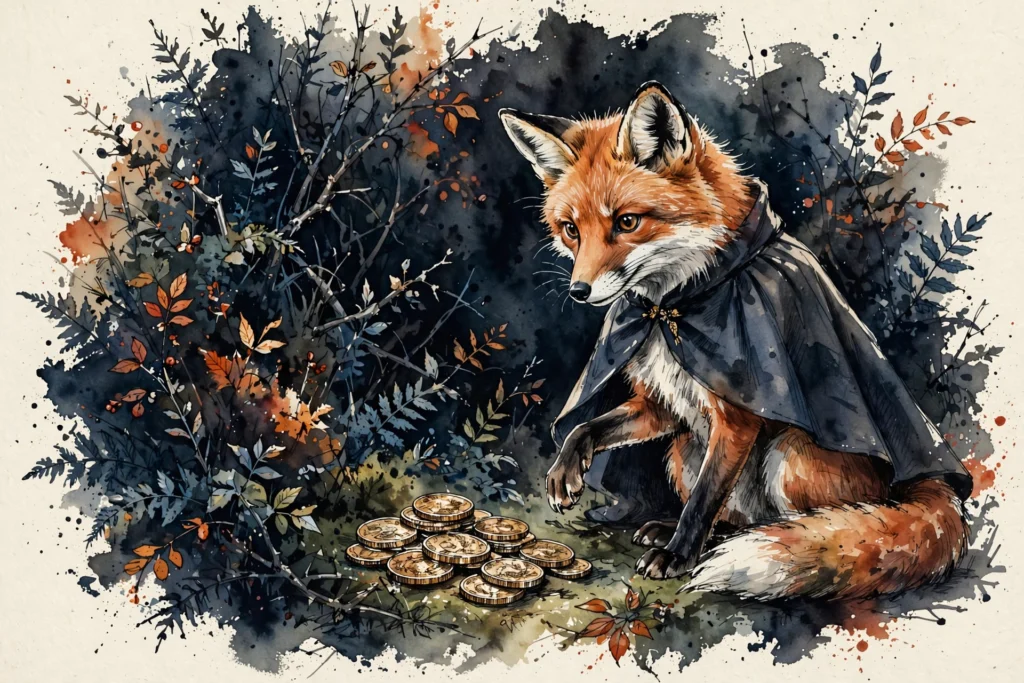 An ink-drawn fox in a folkfox forest, illustrating microsoft ads campaign settings.