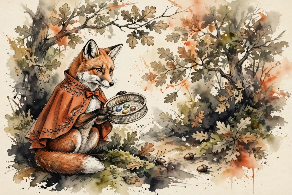 An ink-drawn fox in a folkfox forest, illustrating microsoft ads campaign types.