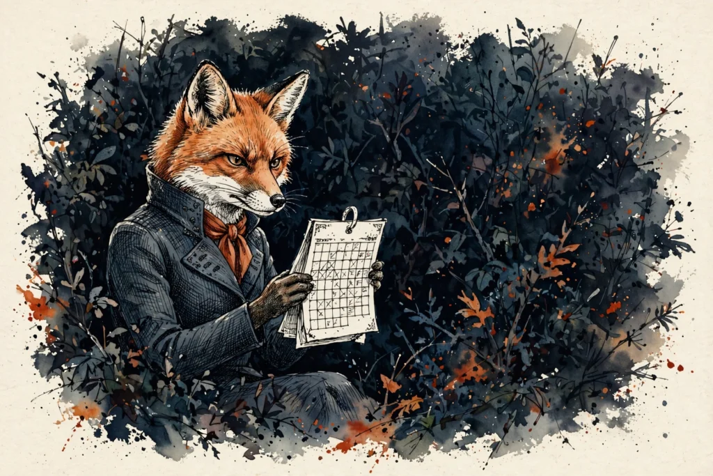 An ink-drawn fox in a folkfox forest, illustrating conversion lag microsoft ads.