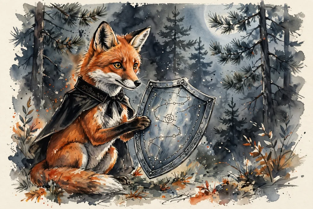 An ink-drawn fox in a folkfox forest, illustrating microsoft ads conversion tracking.