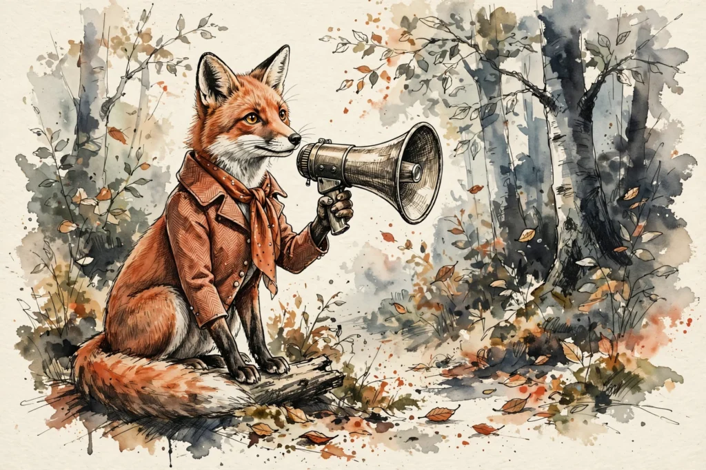 An ink-drawn fox in a folkfox forest, illustrating custom reporting microsoft ads.