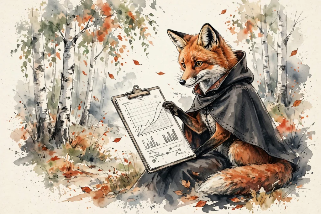 An ink-drawn fox in a folkfox forest, illustrating export microsoft ads data warehouse.