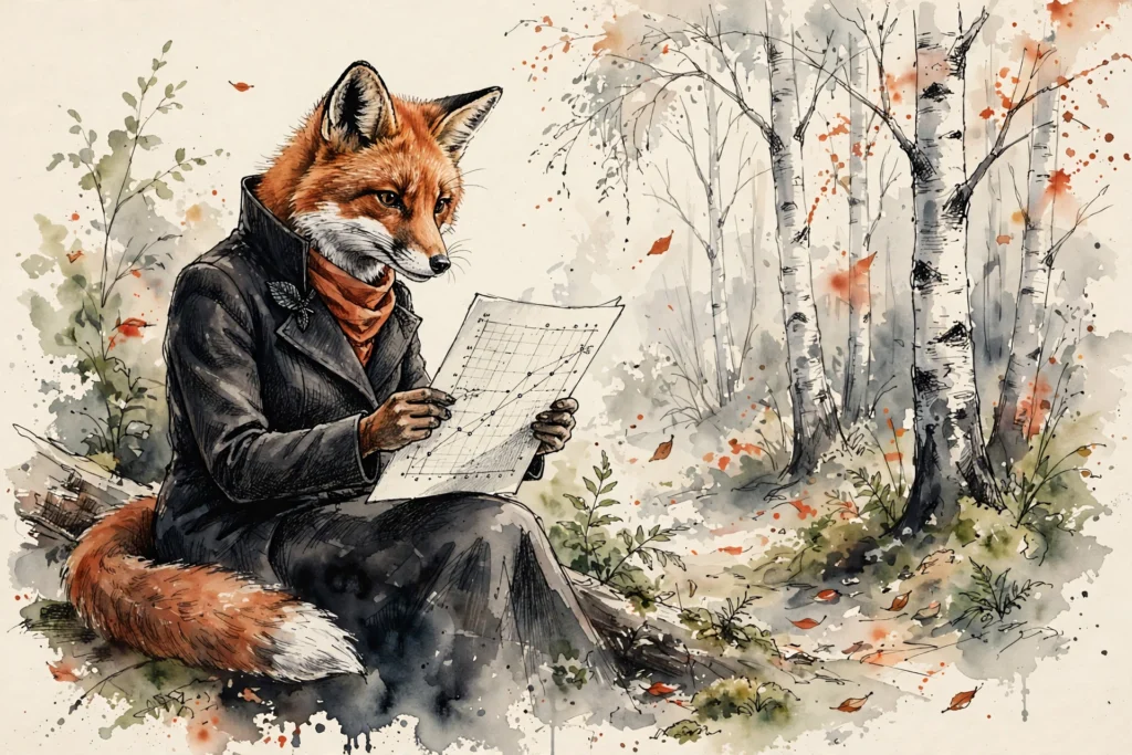 An ink-drawn fox in a folkfox forest, illustrating microsoft ads experiments.