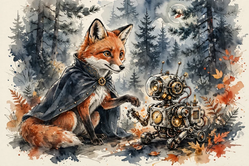 An ink-drawn fox in a folkfox forest, illustrating optimisation score microsoft ads.