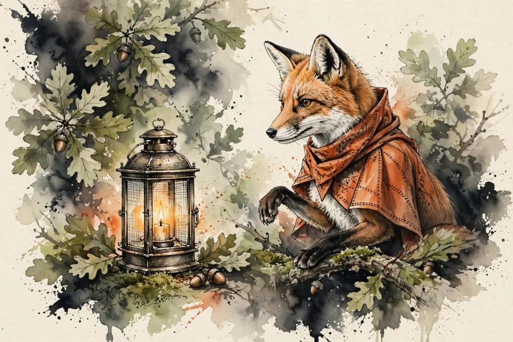 An ink-drawn fox in a folkfox forest, illustrating quality score microsoft ads.
