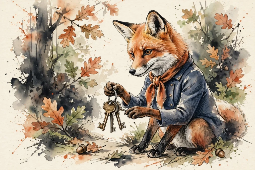 An ink-drawn fox in a folkfox forest, illustrating microsoft ads rest api.