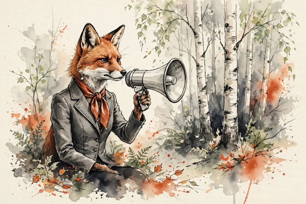 An ink-drawn fox in a folkfox forest, illustrating microsoft ads scripts.