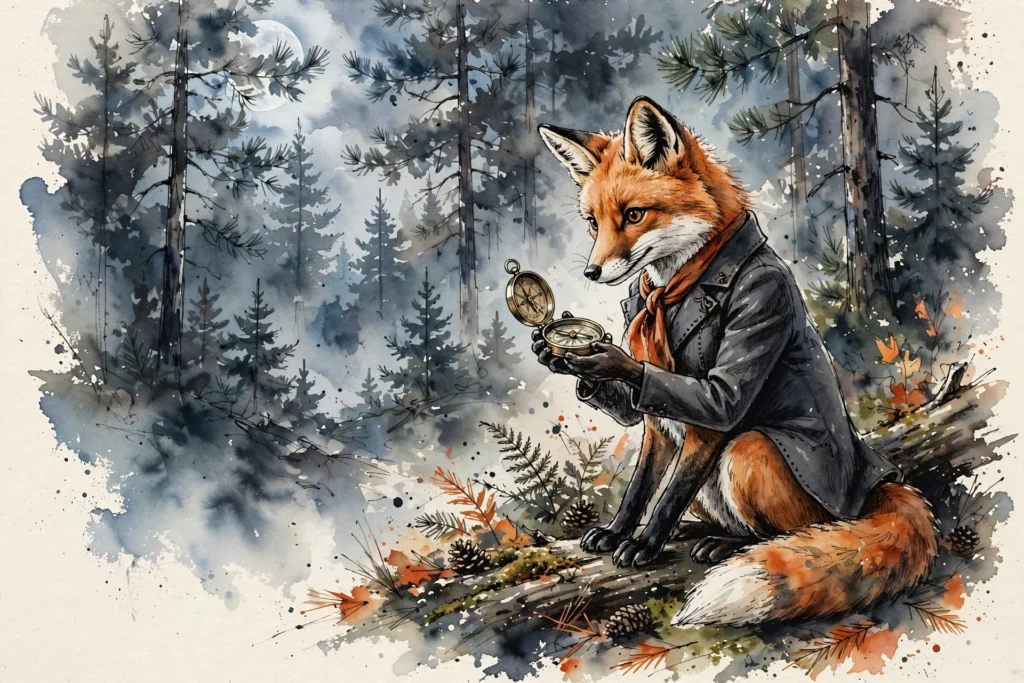 An ink-drawn fox in a folkfox forest, illustrating smart bidding learning period bing.