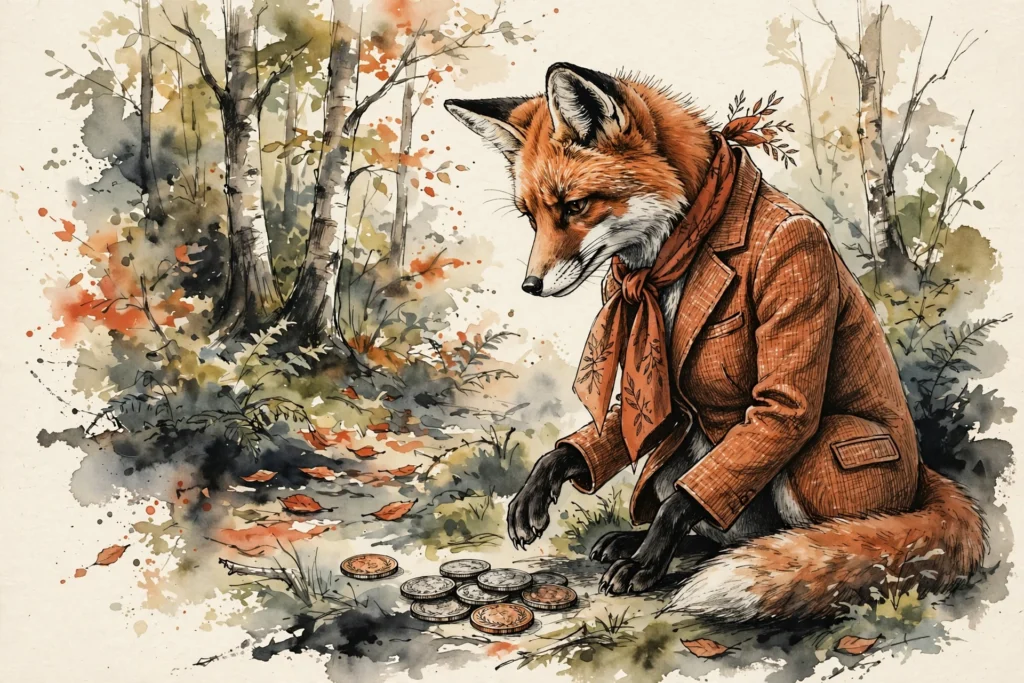 An ink-drawn fox in a folkfox forest, illustrating target cpa microsoft ads.