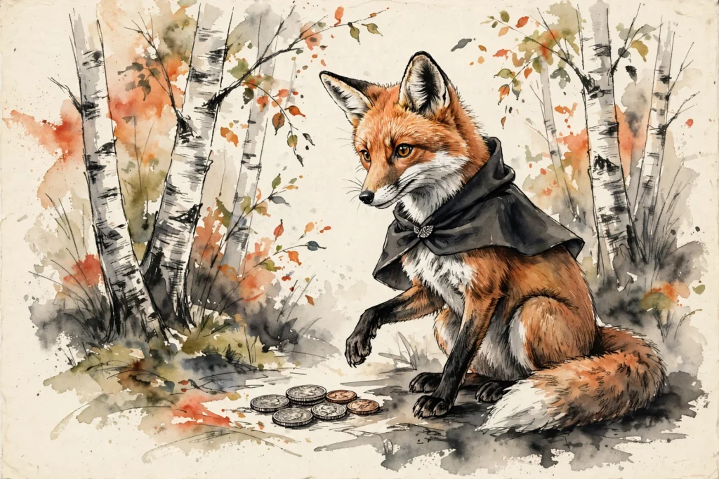 An ink-drawn fox in a folkfox forest, illustrating target roas microsoft ads.