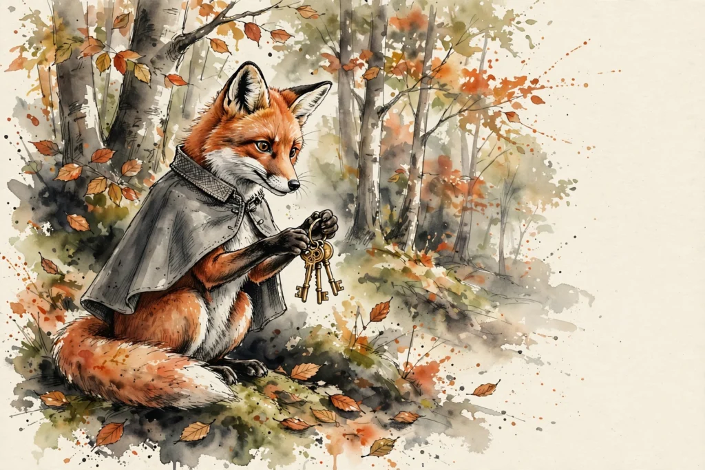 An ink-drawn fox in a folkfox forest, illustrating advertiser verification microsoft ads.