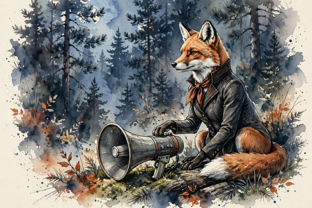 An ink-drawn fox in a folkfox forest, illustrating microsoft advertising editor.