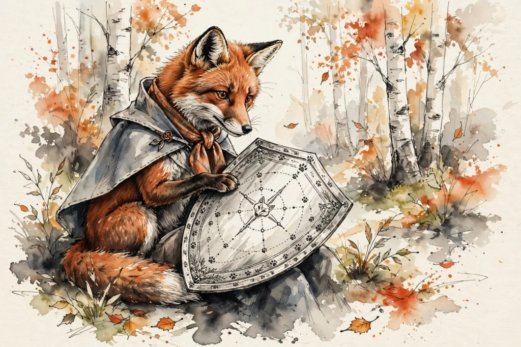 An ink-drawn fox in a folkfox forest, illustrating mobile app tracking microsoft ads.