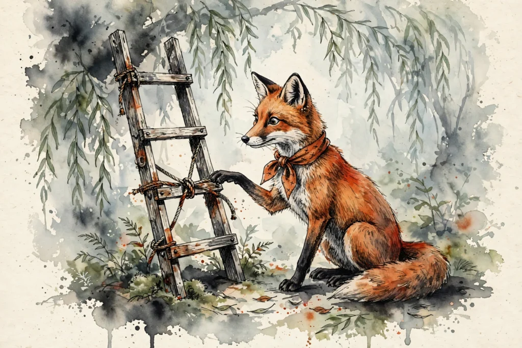 An ink-drawn fox in a folkfox forest, illustrating microsoft auction deduplication.
