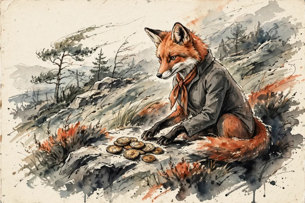 An ink-drawn fox in a folkfox forest, illustrating automated rules microsoft ads.
