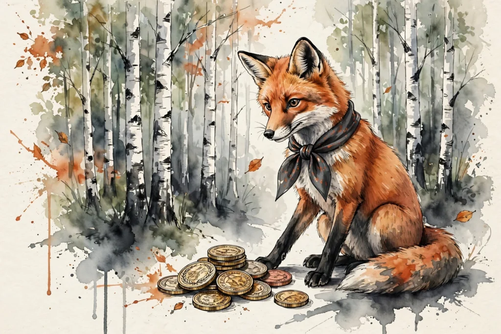 An ink-drawn fox in a folkfox forest, illustrating microsoft automotive ads.